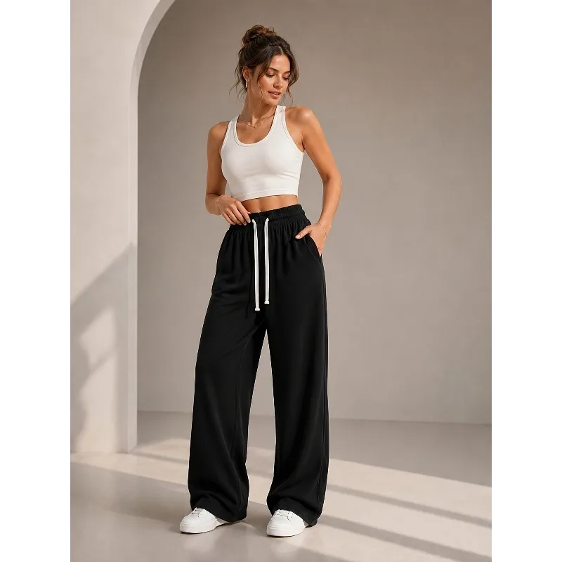 Women's high-quality soft French Terry wide leg pants, high waisted double drawstring waistband with side patch pockets
