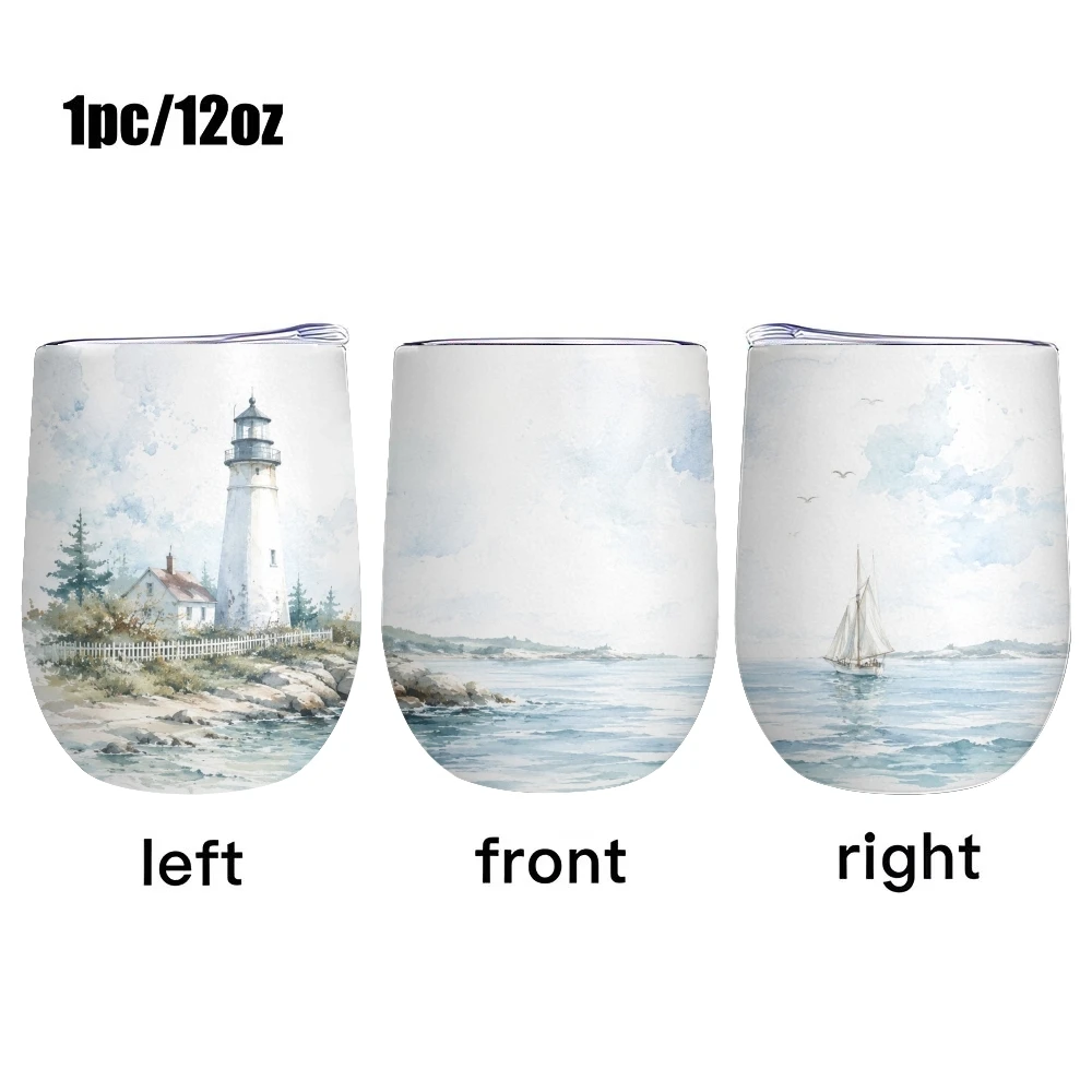 Artistic sailing boat on the sea Vacuum Flasks 12oz Insulated Wine Tumbler Vacuum Coffee Mug Egg Shape Thermos Cup