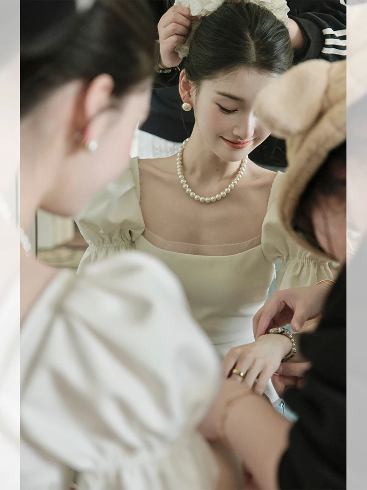 

ChillCozy Vintage Square Collar Bubble Sve Dr Top Women's Faion French Sle ort Sve Slim Fit Polyester Rayon Sp...