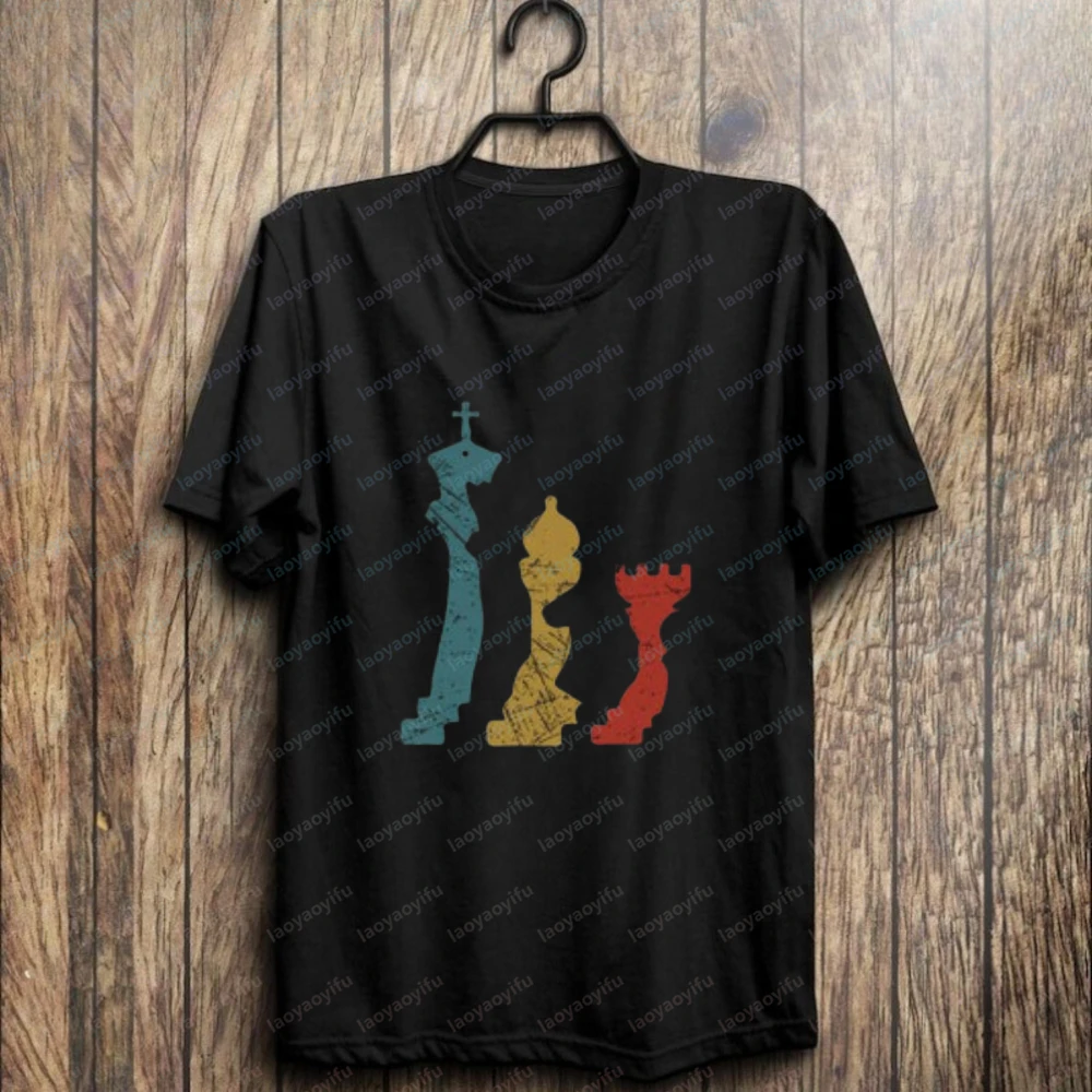 Retro Chess Pieces Cotton T-Shirt for Men Vintage Chess Lover Casual Tops Summer Trend Streetwear Geek Nerd Funny Chess Game Tee