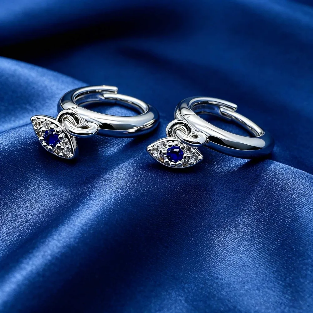 Evil Eye Blue CZ Dangle Huggie Hoop Earrings Sterling Silver Plated Women Hypoallergenic Dainty Trendy Waterproof Lucky Gift