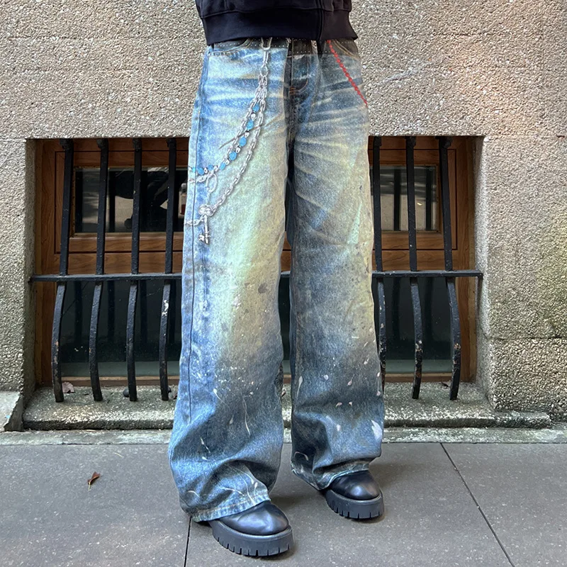 

Ретро американские джинсовые свободные прямые длинные брюки с 3D принтом для мужчин, весна 2025, спортивная сцена на молнии со средней талией