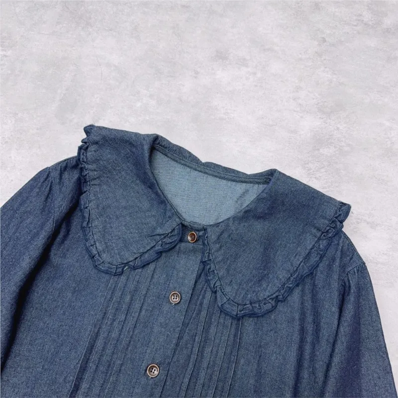 Johnature novo vestido jeans casual com babados outono novo estilo francês manga longa camada base coreano mori vestidos de menina