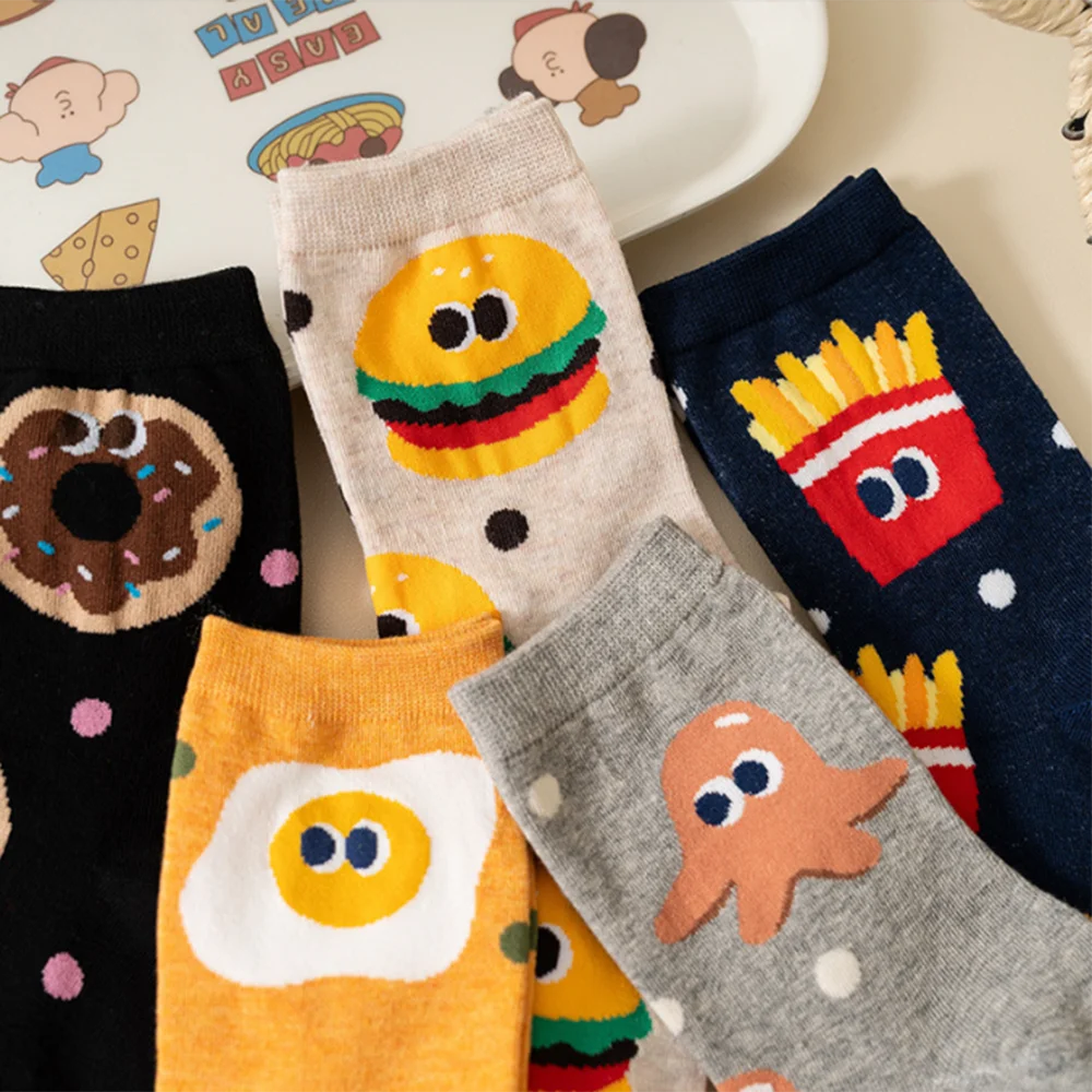 5 par/pack mujeres niñas calcetines lindos dibujos animados comida calcetines de algodón hamburguesa patatas fritas personalidad creativa coreana calcetines para las cuatro estaciones