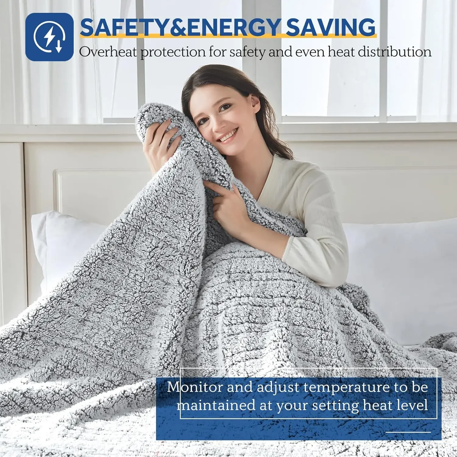 Electric Blanket Full Size, Soft Sherpa Heated Blanket Single Control with 10 Heating Levels & 1 to 12 Hours Auto-Off Settings O