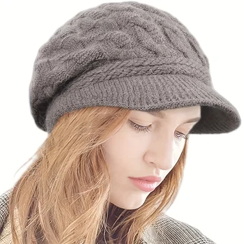 Chapéus de malha de inverno com aba de viseira, forro duplo macio para mulheres, gorros quentes e elegantes, bonés de neve desleixados, 1 peça