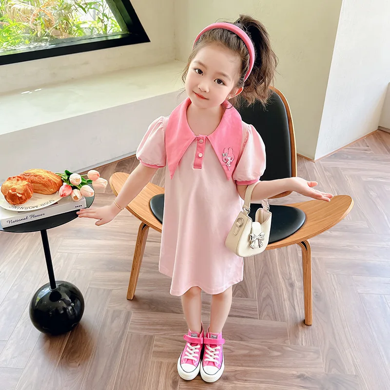 Kawaii Sanrios gaun lengan pendek My Melody Girls modis rok putri manis anak rok Preppy musim panas imut pakaian Anak