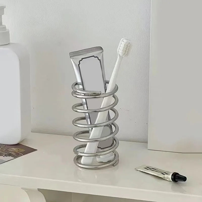 Stainless Steel Iron Toothbrush Holder Bathroom Makeup Brush Storage Rack Desktop Shelf Hollowed-out Pen Holder Home Decoration
