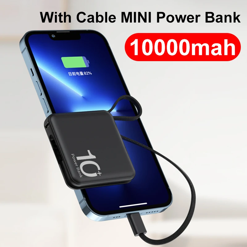 

10000mAh Mini Power Bank Built in Cables Fast Charging Powerbank Portable External Spare Battery Pack for iPhone Samsung Xiaomi