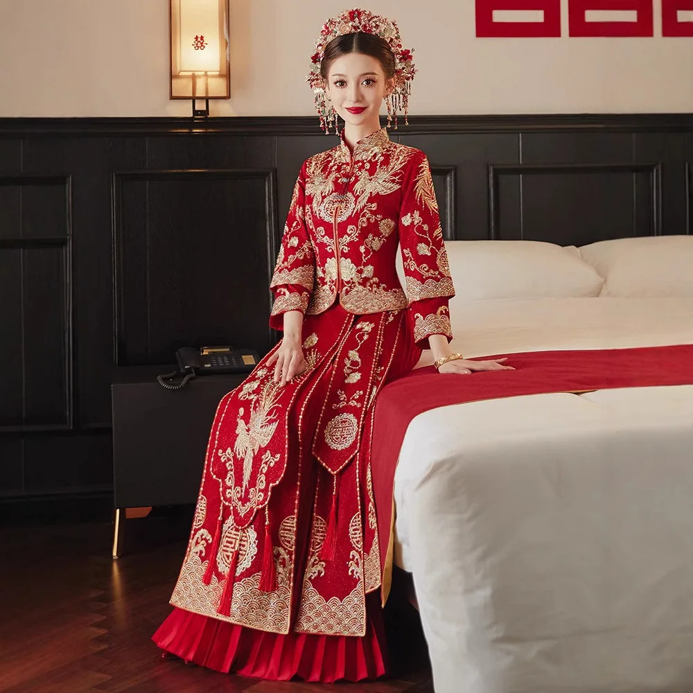 Yourqipao Xiuhe ارتداء العروس ثوب زفاف فستان الزفاف الصيني فستان التنين فينيكس ثوب نخب الملابس تظهر مجموعة للنساء