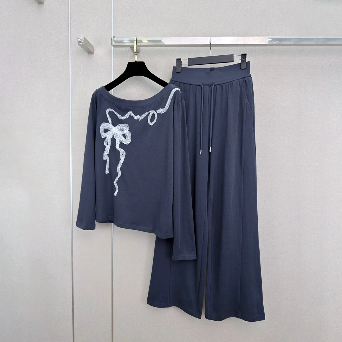 2026 High Quality Women's One Shoulder Lace Bow Long Sleeve Wide Leg Pants Two Piece Set--26807116