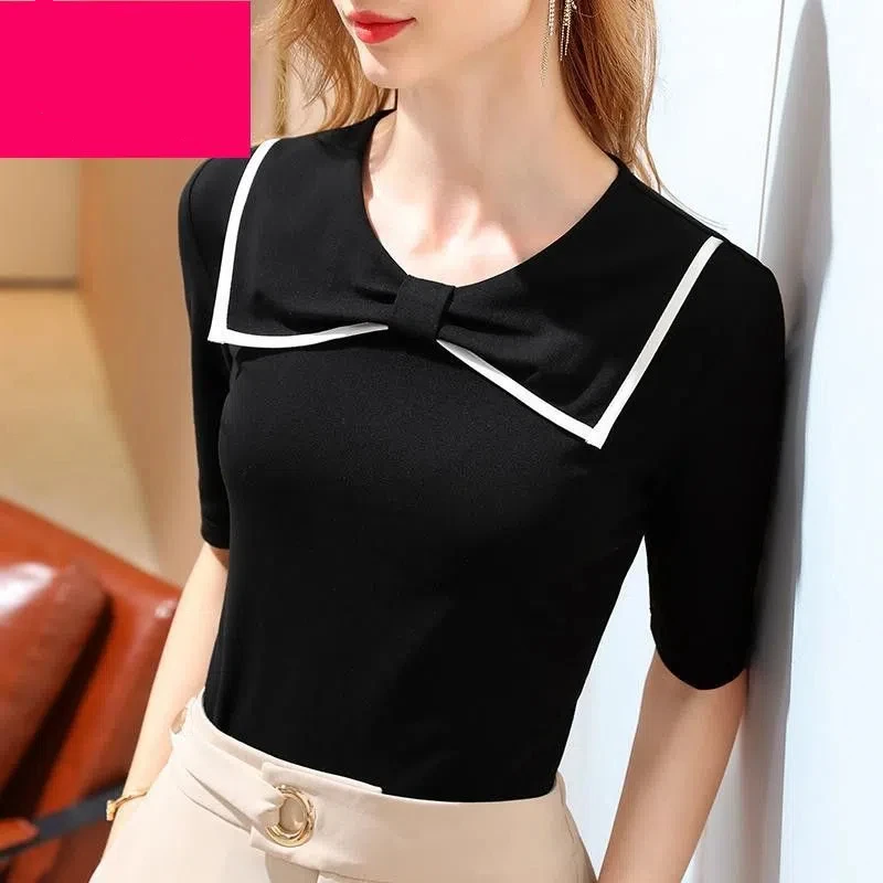 Age-reducing Temperament Bow Mid-sleeved T-shirt for Women in Autumn Women's Black and White Inner Wear T-shirt Base Shirt Top