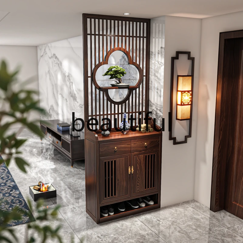 

New Chinese-style screen partition is opposite the door, living room household solid wood porch shielding shoe cabinet