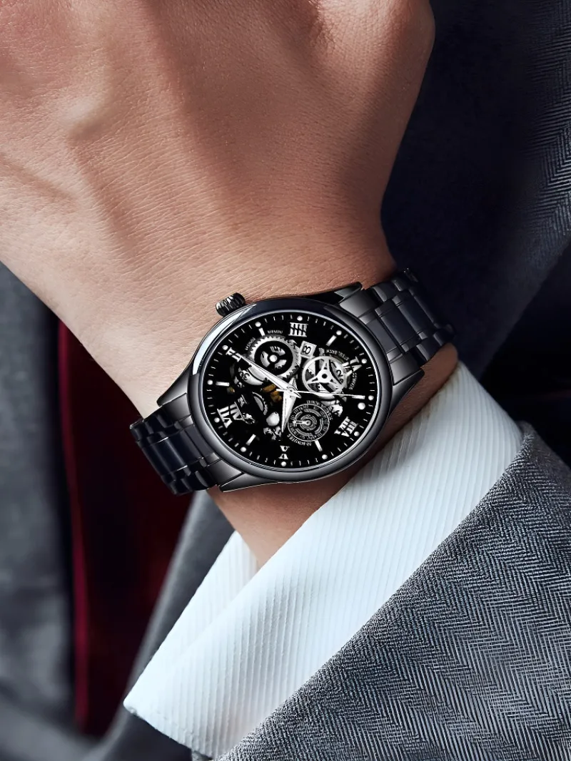 Men\'s fully automatic waterproof watch hollow dial luminous calendar watch