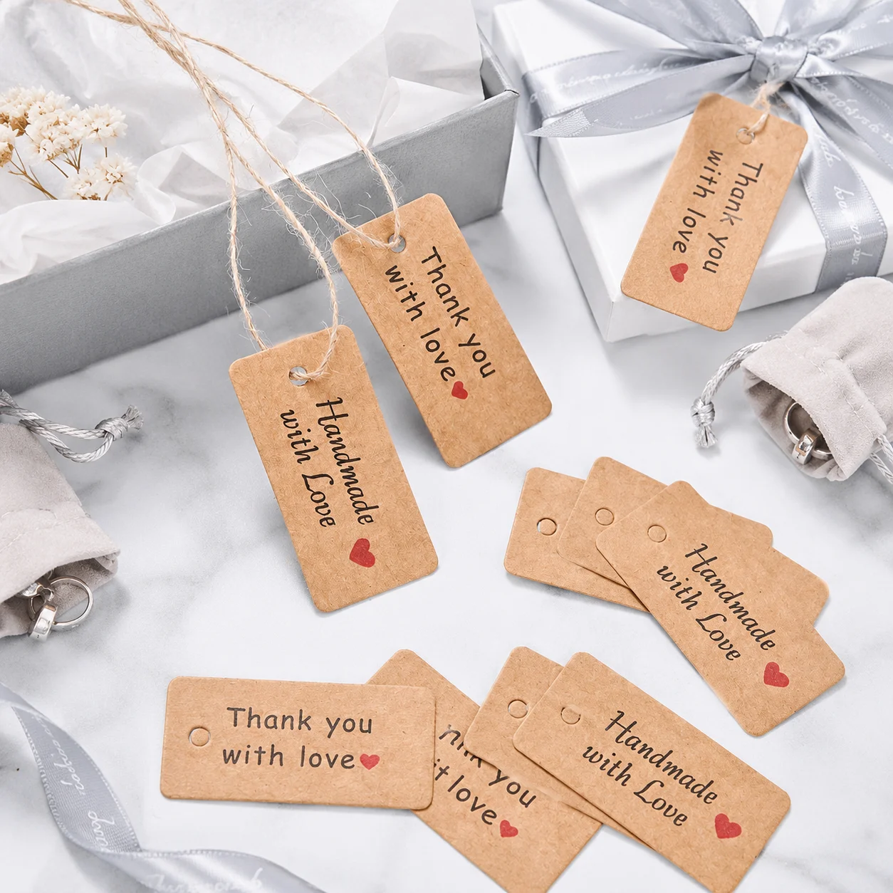 100 Stück Kraftpapier-Etiketten für Handarbeiten und Dankeschön-Geschenke mit Juteseil, geeignet für Party-Souvenirs und Schmuckverpackungen – Detail 1