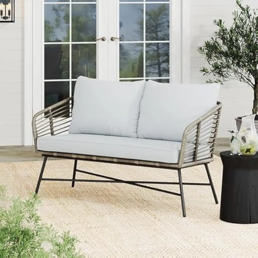 Flow Bohemian Rattan Wicker Loveseat, Upholstered Outdoor Sofa for Porch or Patio, Gray