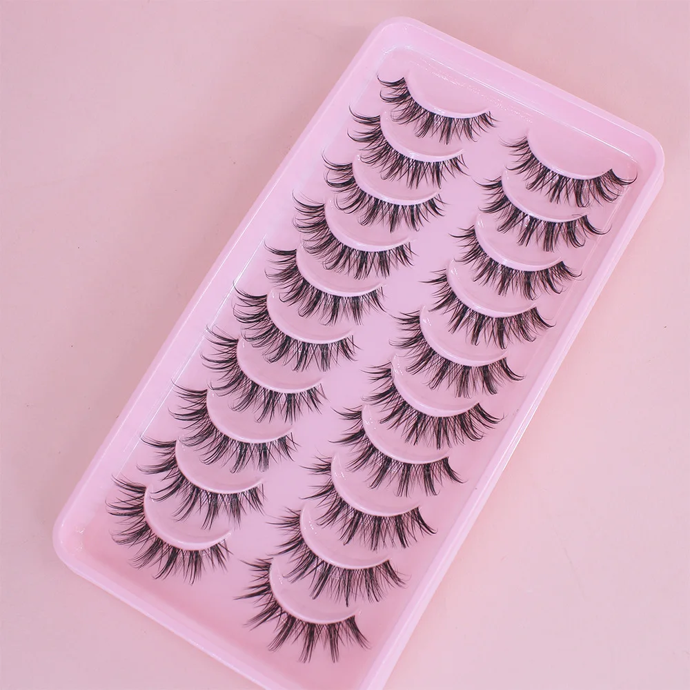 2023 New  Manga Lashes 10 Pairs 3D Clear Band Lashes Natural Look Wispy Mink Eyelashes Fluffy Cat Eye Lashes Pack Fake Eyelashes