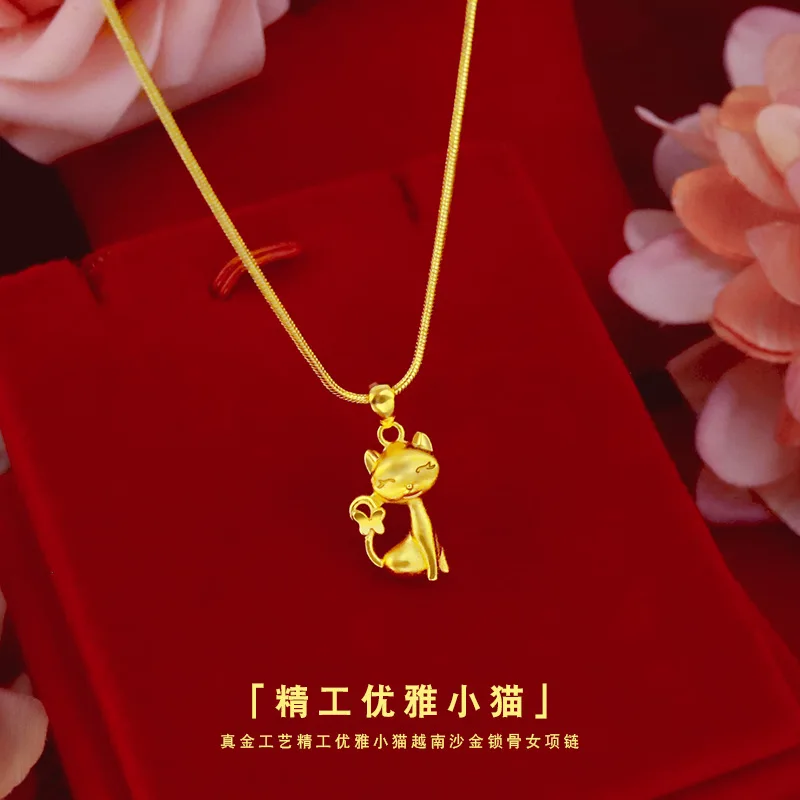 

9999 Real Gold 24K Japanese and Korean Students Female Kitten Necklace Gold Edition Cat Clavicle Necklace