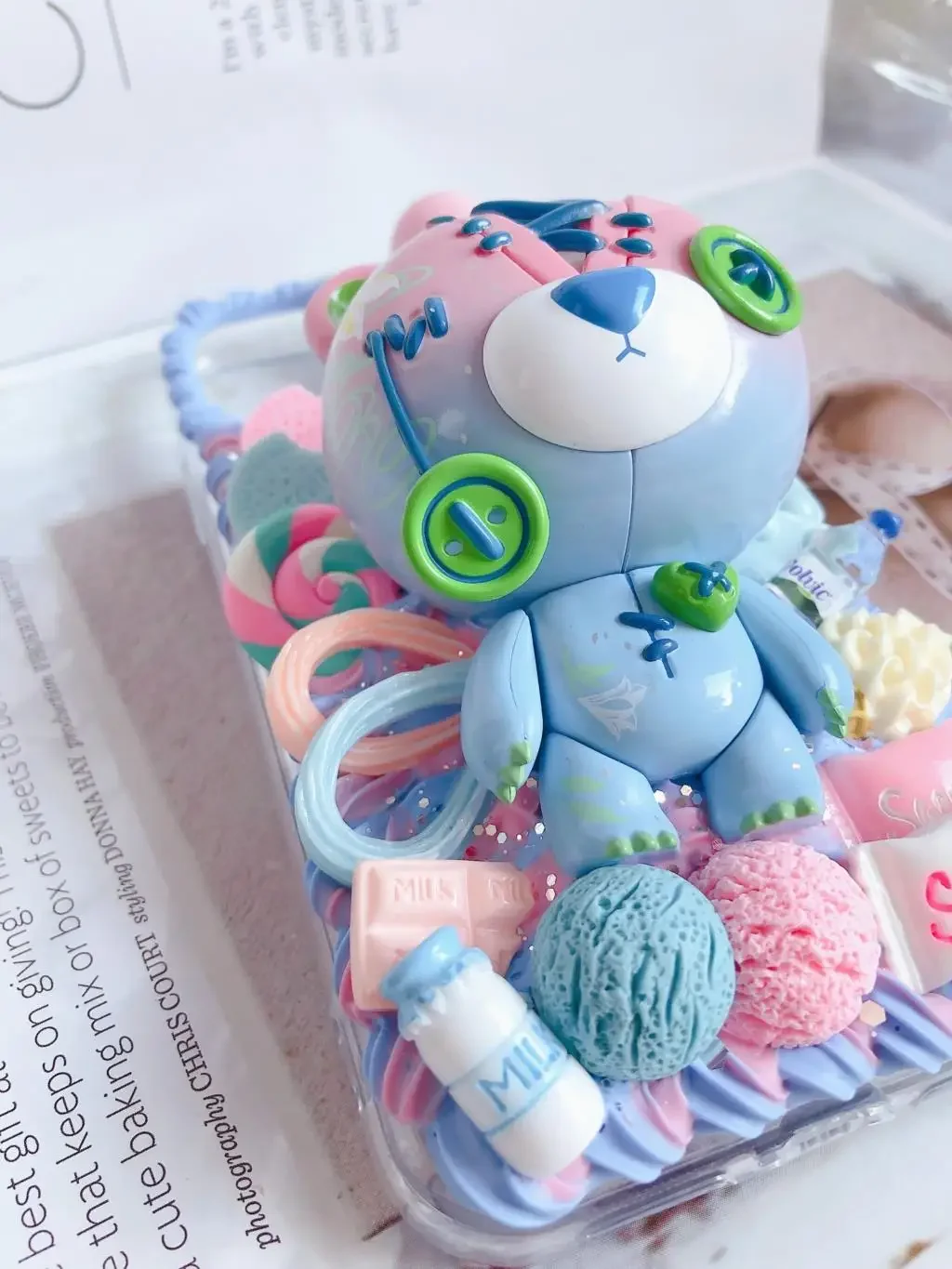 Cute Bear Handmade Case for iPhone 16 pro max DIY Phone Cover iP 16pro pink blue Kawaii candy food Customized 15plus Cream Shell