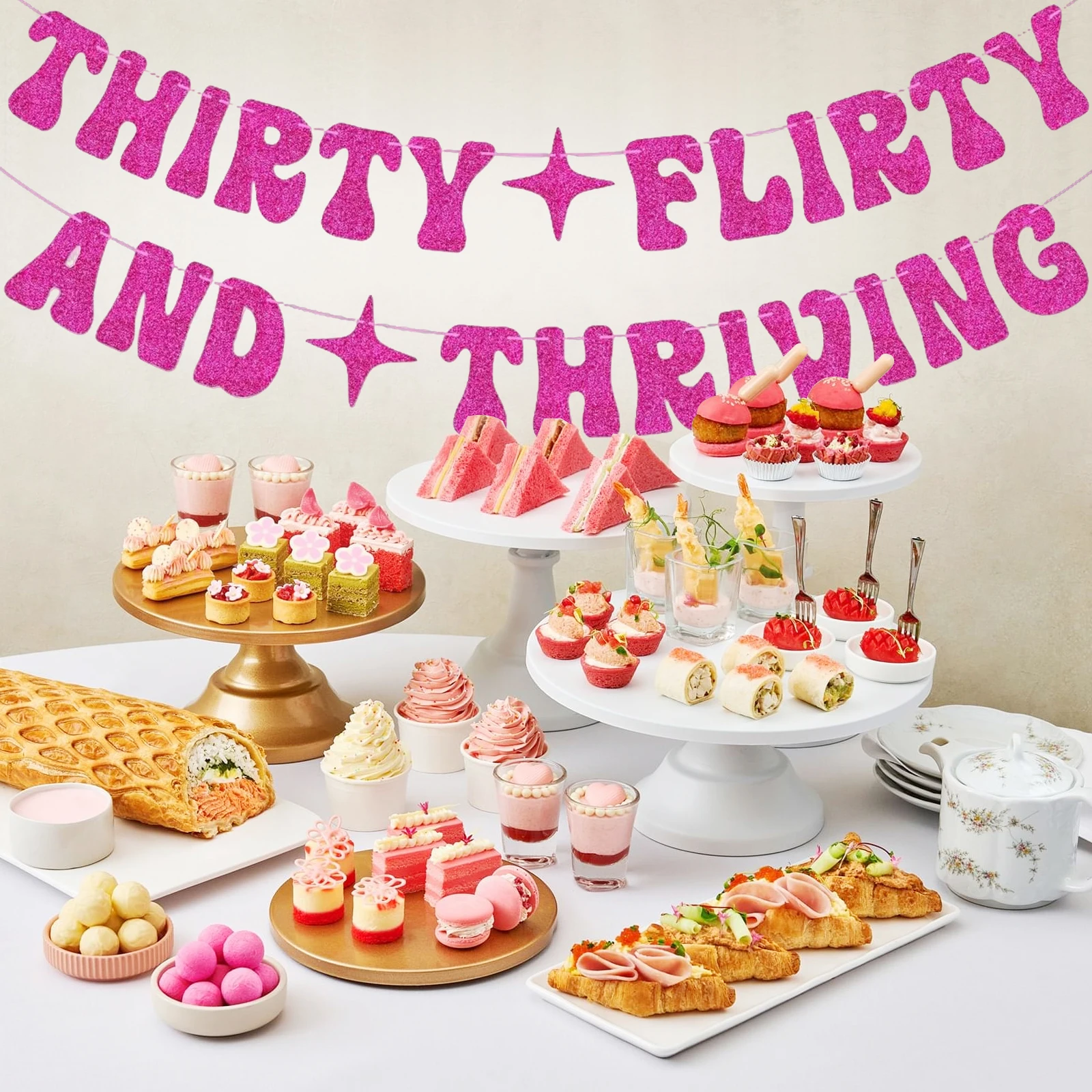 Hot Pink Thirty Flirty And Thriving Banner Talk Thirty to Me Banner for Women's 30th Birthday Party Decorations view 6