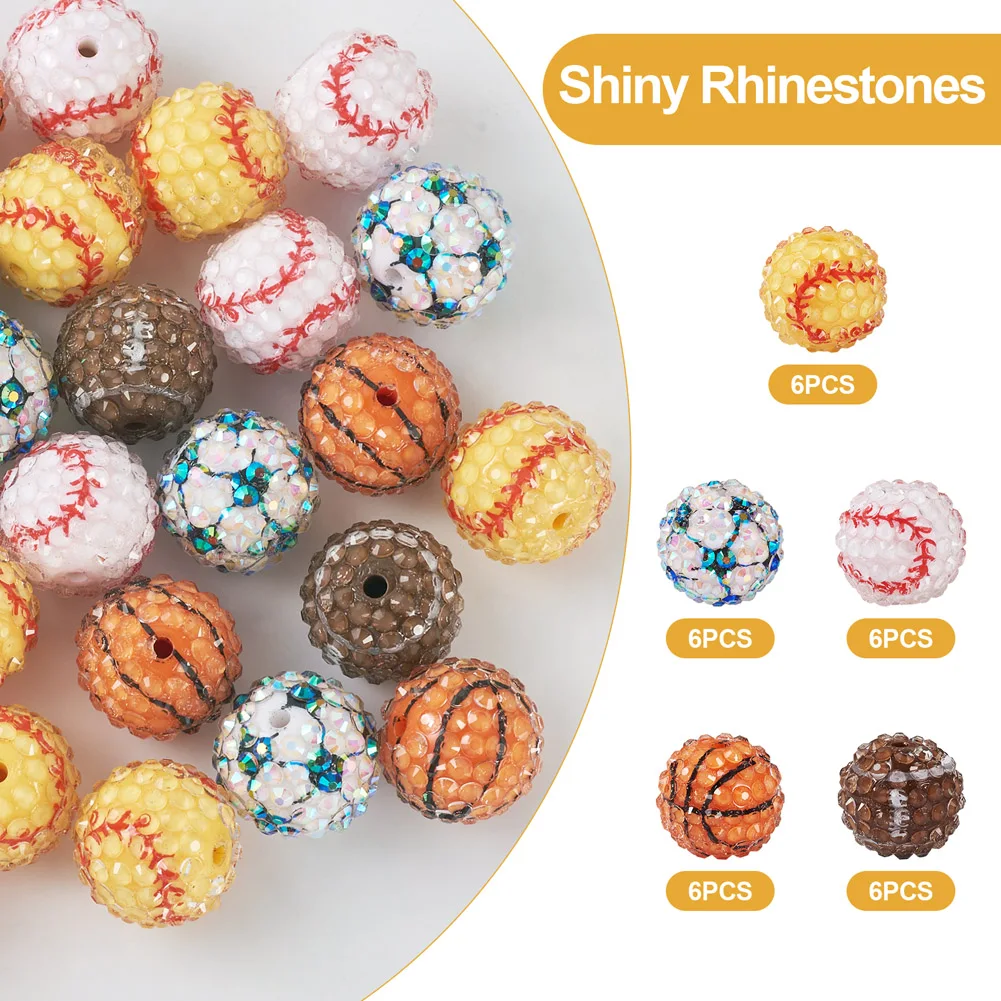 30Pcs Basketball & Football & Baseball Pattern Resin Rhinestone Beads Round Mixed Color for Making DIY Bracelet Neckalce Jewelry