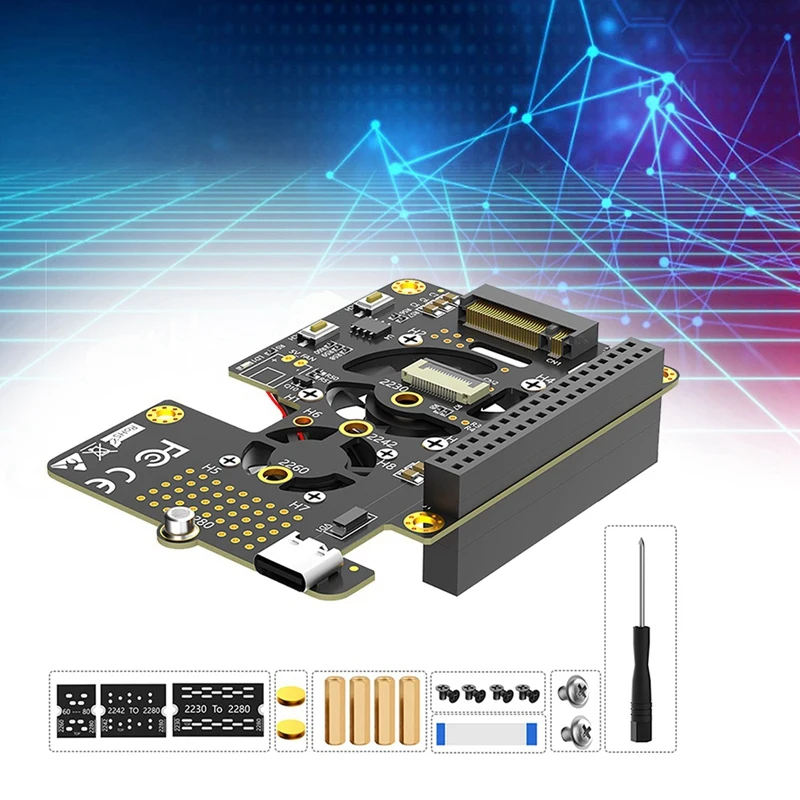 Untuk Raspberry Pi 5 Pcie To M.2 Nvme SSD HAT 3In1 dengan Dual Fan Gen2 Gen3 untuk 2230 2242 2260 2280 M.2 m-key Nvme SSD