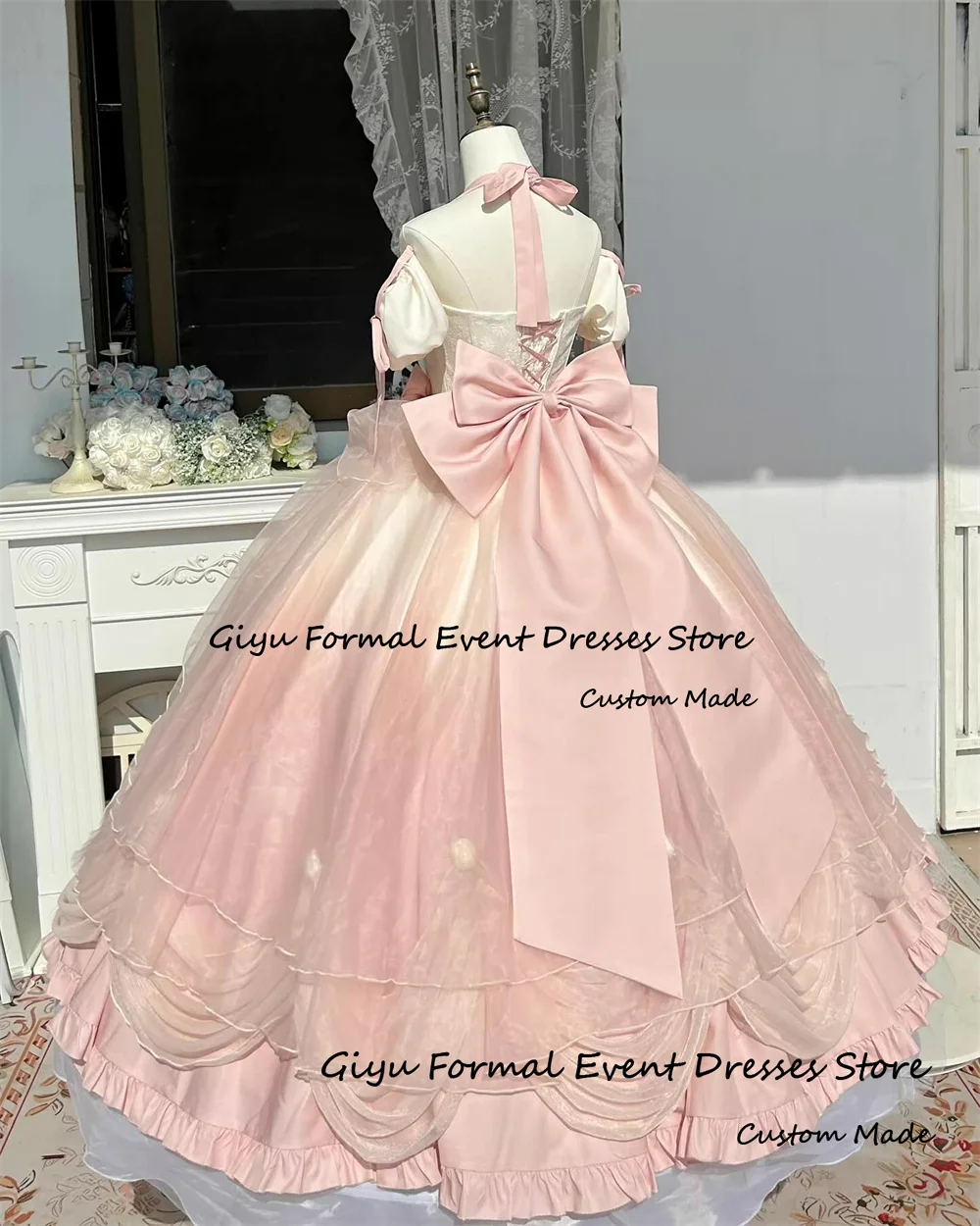 Giyu Exquisite Gradient Color Quinceanera Dress Halter Bow Floor-Length Ball Gown Birthday Party Dress Draped