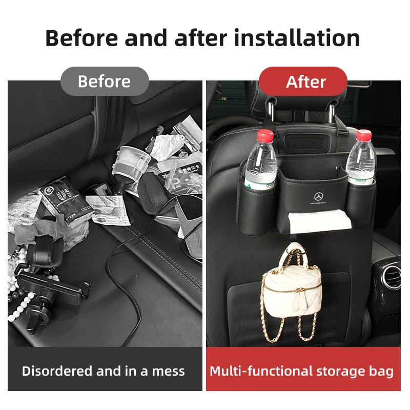 Leather Car Seat Back Water Cup Drink Holder Tissue Storage Bag For Benz W202 W212 W126 W140 W168 W177 CLS GLE GLC GLS CLA