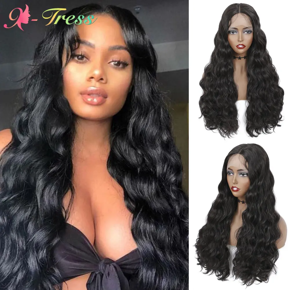 X-TRESS Lace Front Wigs Synthetic Fluffy Long Loose Wave With Baby Hair Dark Brown Color Middle Part Lace Wig For Black Women