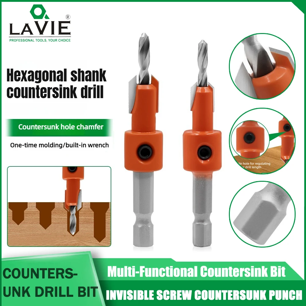 LAVIE Hex Shank Drill Bit Orange Woodworking Countersunk Drill Bit Edge Band Strip Opening Punch Invisible Screw Hole DIY Tools