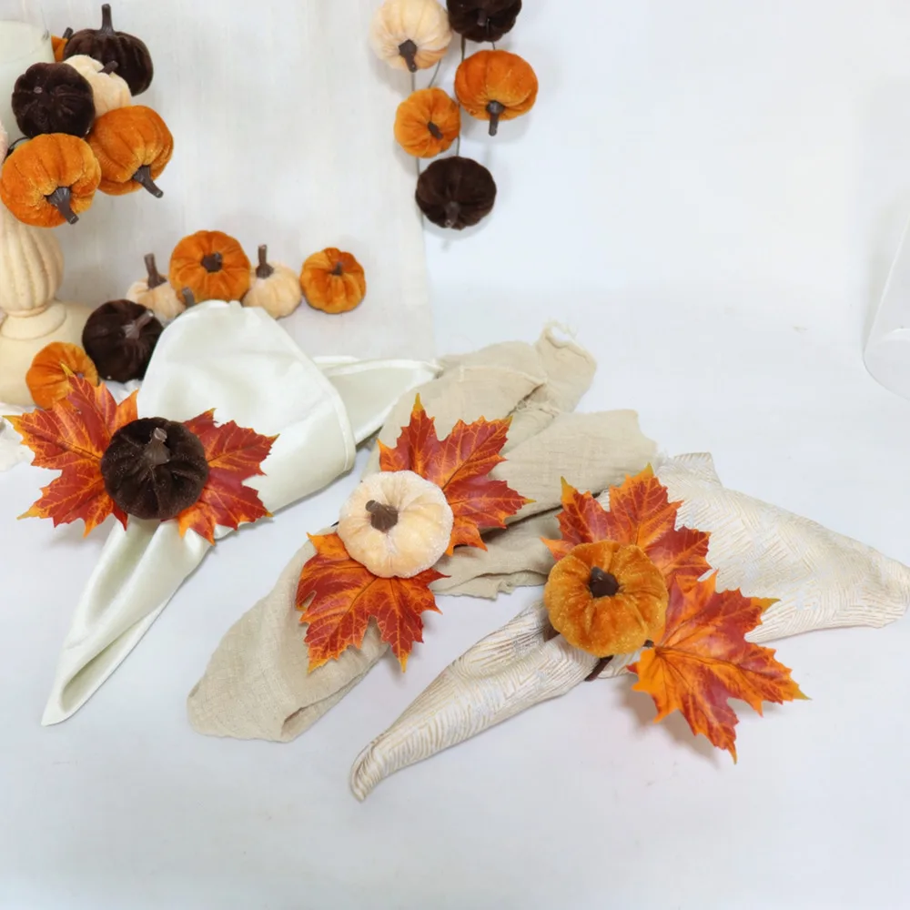 Velvet Pumpkin Napkin Buckles Maple Leaf Design Table Ornament For Thanksgiving Holiday Home Kitchen Wedding Banquet