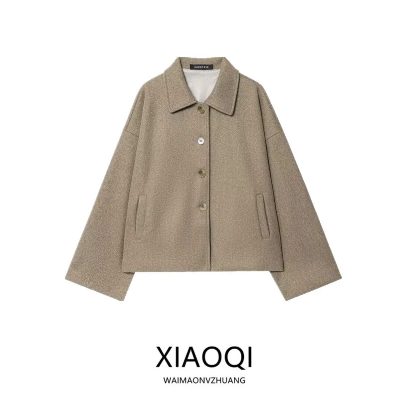 

Новинка осени 2022, женское свободное простое шерстяное пальто с воротником для пригородных поездок, прямой крой, длинное све, однотонное, на одной пуговице