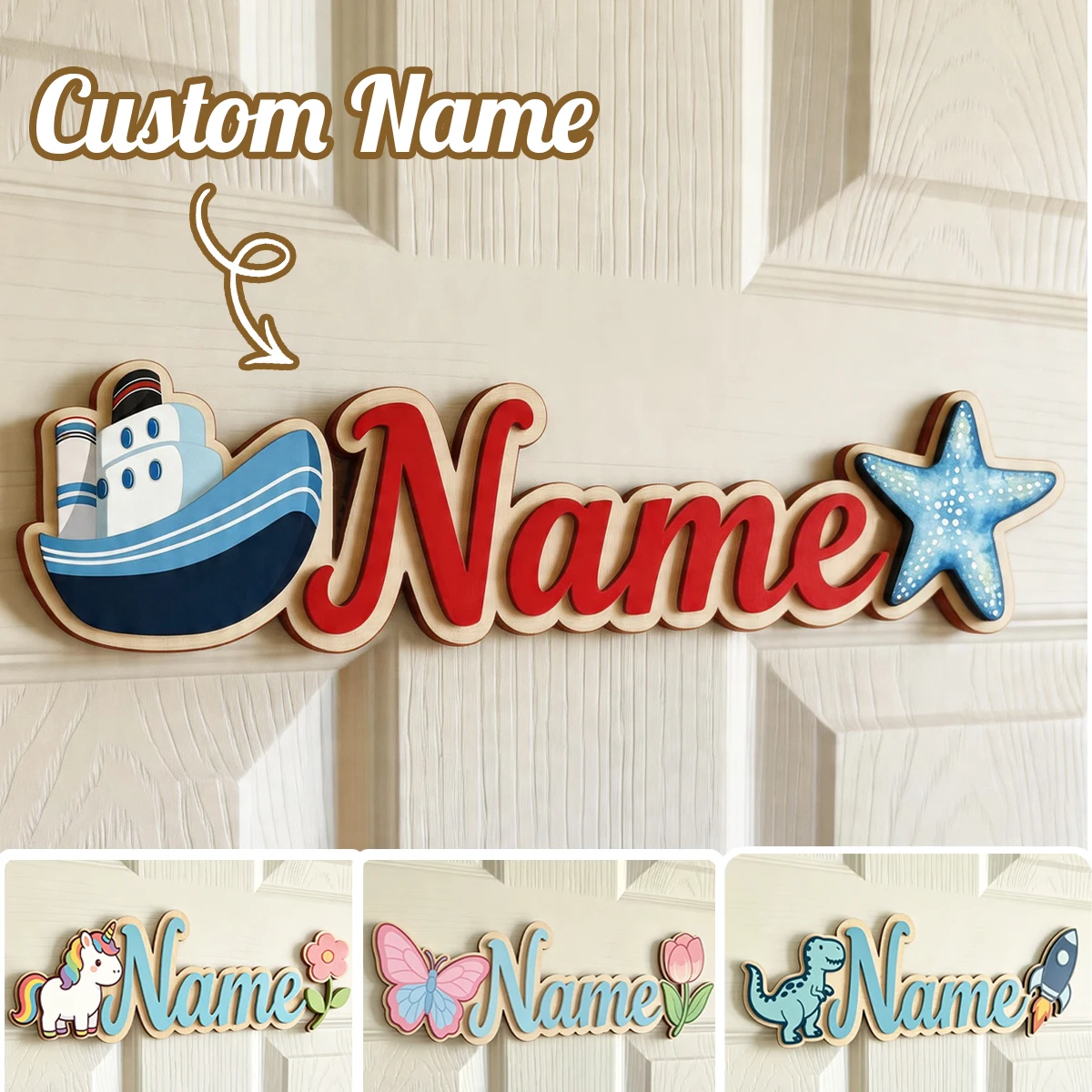 Custom Wooden Name Door Sign, Personalized Wall Decor Plaque, Cute Cartoon Theme Room Decoration, Double-Layer Wooden Doorplate