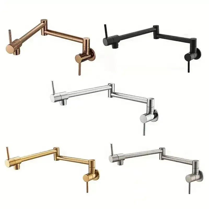 Pot Filler Tap Wall Mounted Foldable Kitchen Faucet Single Cold Single Hole Sink Tap Rotate Folding Spout Chrome Brushed Gold