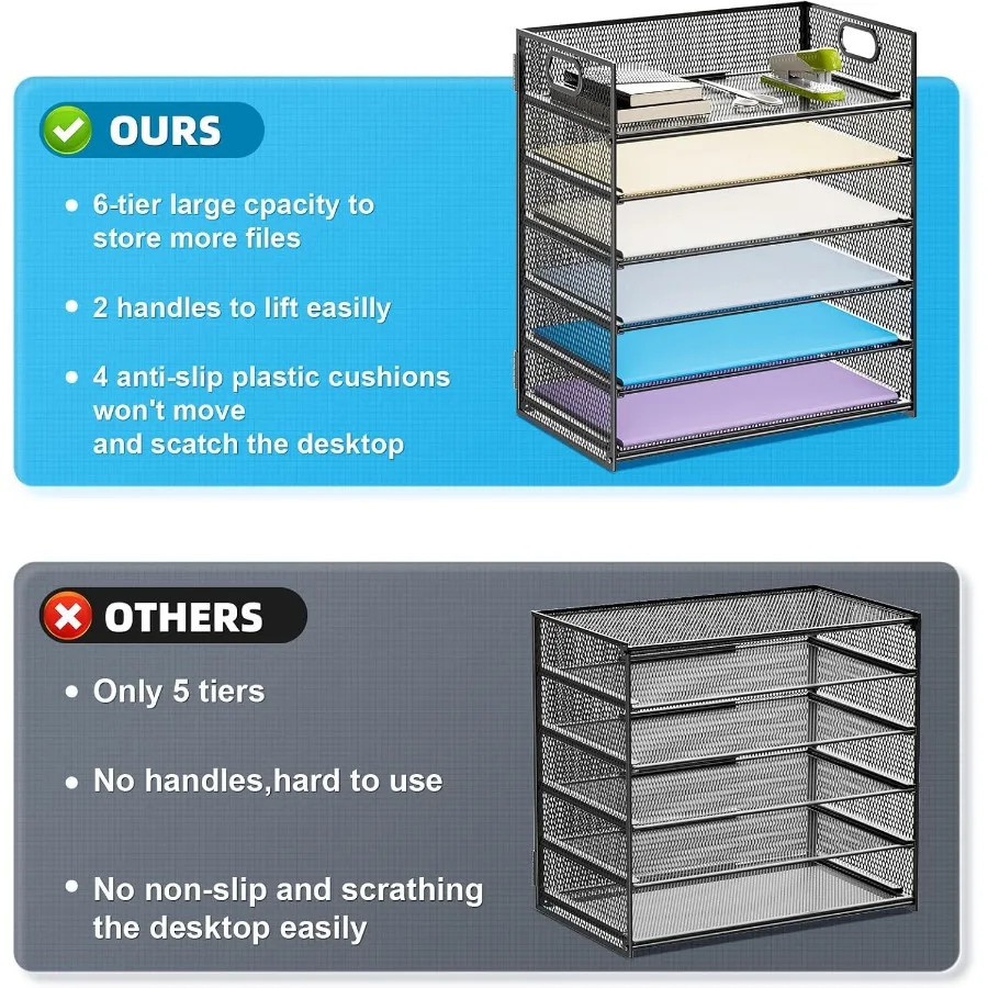 6-уровневый сетчатый настольный органайзер для файлов с ручкой для сортировки писем и бумаги формата А4 — компактный черный органайзер для лотков для бумаги для дома