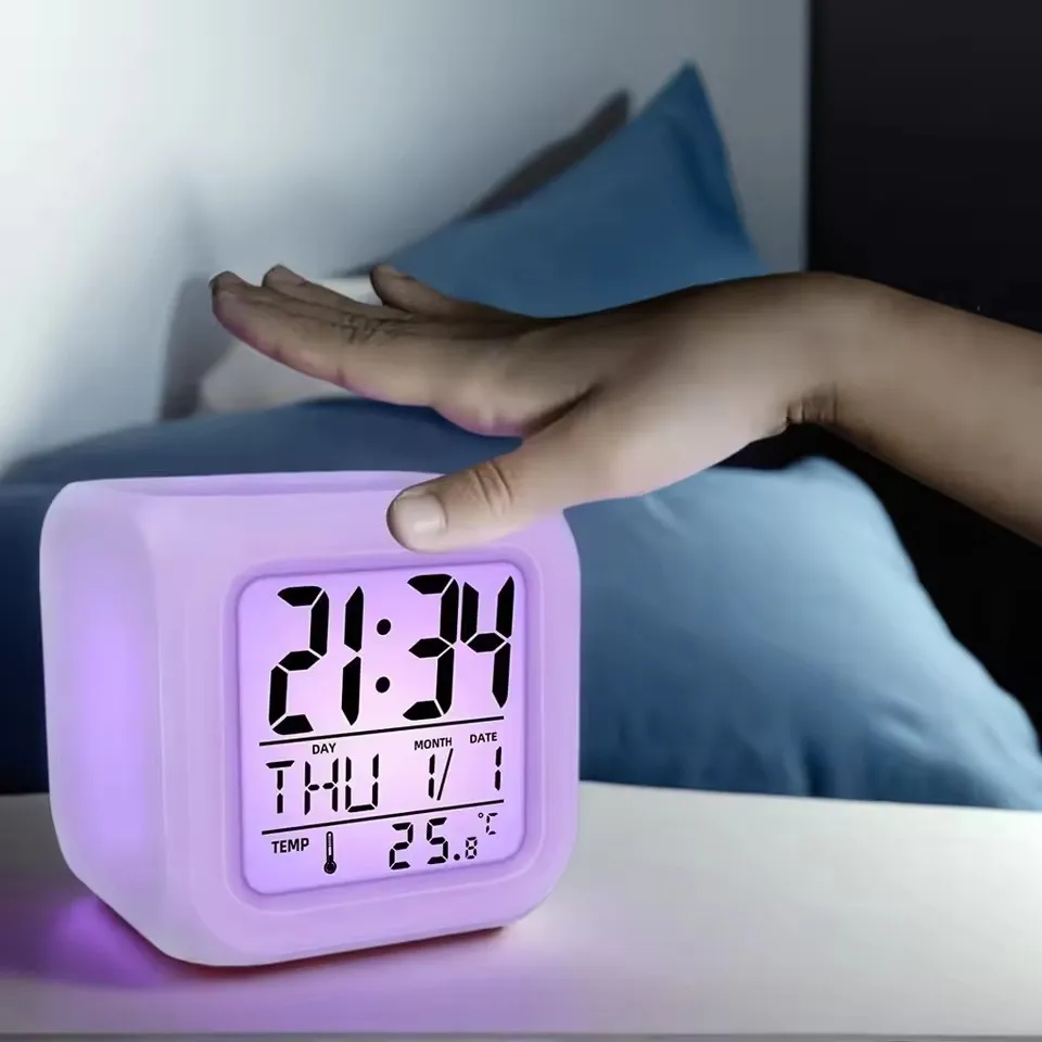 1pc Color Changing LED Alarm Clock & Night Light Digital Display Touch Activated Date & Time Without Battery