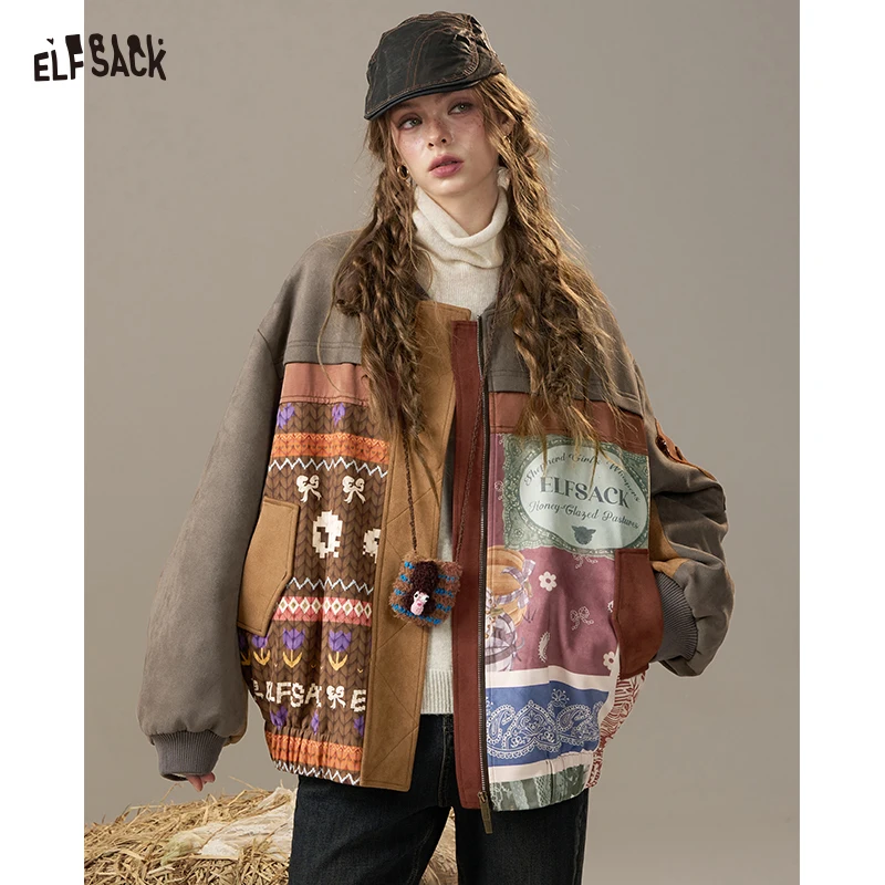 ELFSACK 2025 nuevas llegadas de invierno chaqueta acolchada holgada con Panel estampado de bloques de Color bohemio para mujer