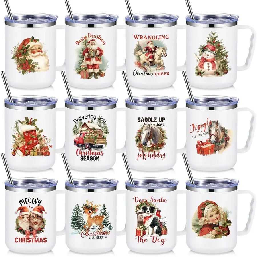 

12 Pcs Christmas Coffee Mug Employee Appreciation Gift Bulk Christmas 17oz Tumbler with Handle Vacuum Stainless Steel Insulated