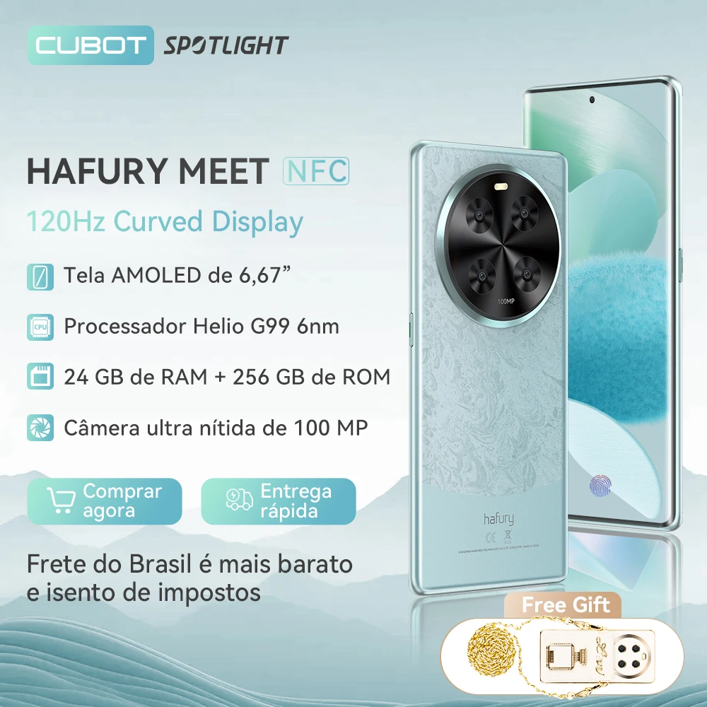 [Envio do Brasil] Cubot Hafury Meet, smartphone Android, tela curva AMOLED de 6,67 "120 Hz, 24GB de RAM (12GB + 12GB estendidos), 256GB de ROM, Helio G99, câmera de 100 MP, NFC,Duplo SIM Duplo 4G celular, telefones