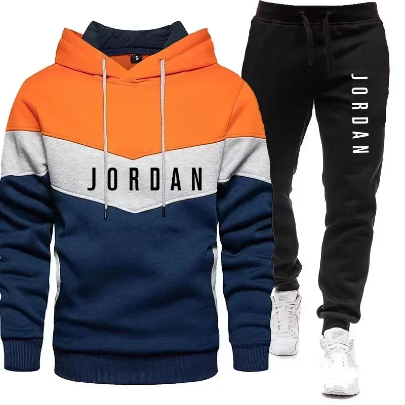 Nova primavera e outono masculino emenda casual moletom com capuz + calças conjunto de duas peças, moda ao ar livre jogging masculino jumper terno esportivo