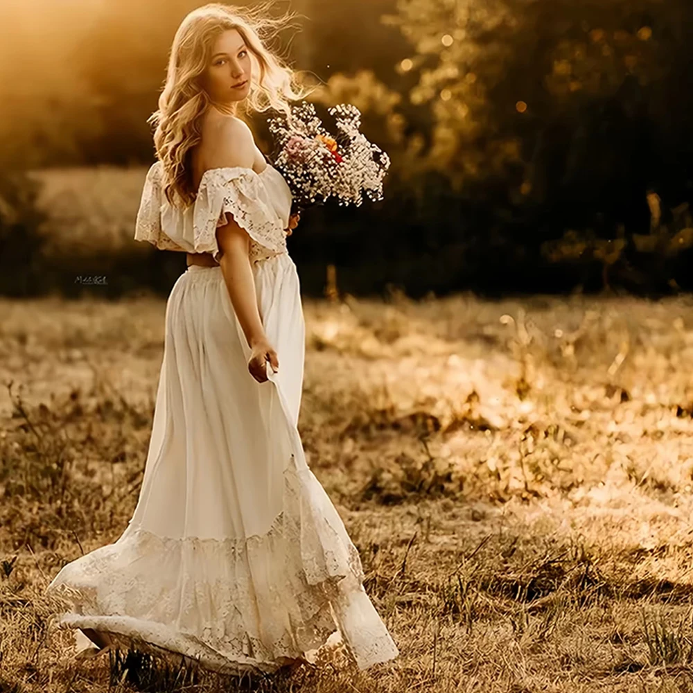 

Boho Two Piece Women's Set Vintage Lace Top & Skirt Bohemian Maternity Photo Session Dresses Off The Shoulder Bella
