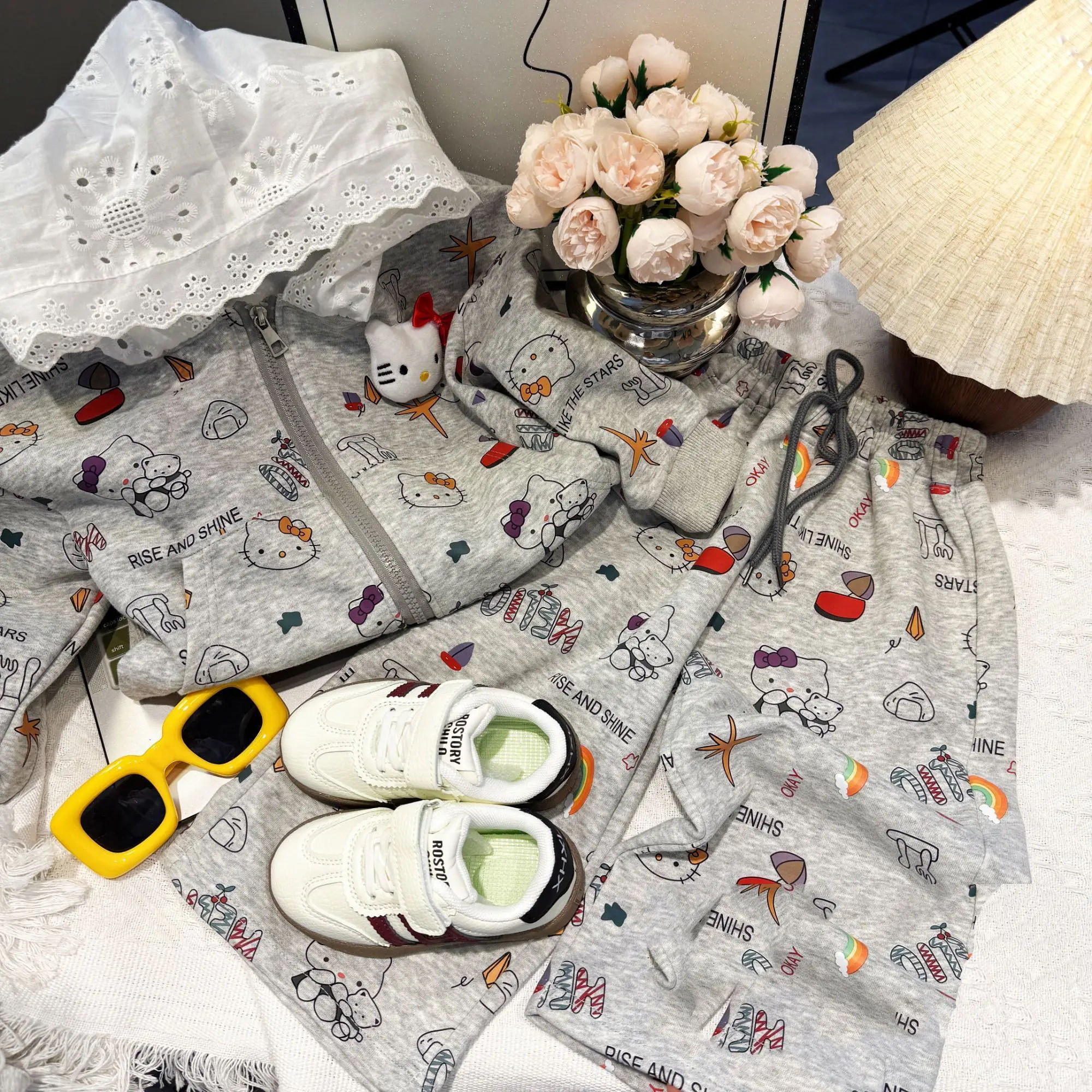 

Hello Kitty 2Pcs Girls' Casual Clothes Set Anime Sanrio Kids Spring Autumn Annals Fashion Full Print Hooded Coat Pants Sweatset