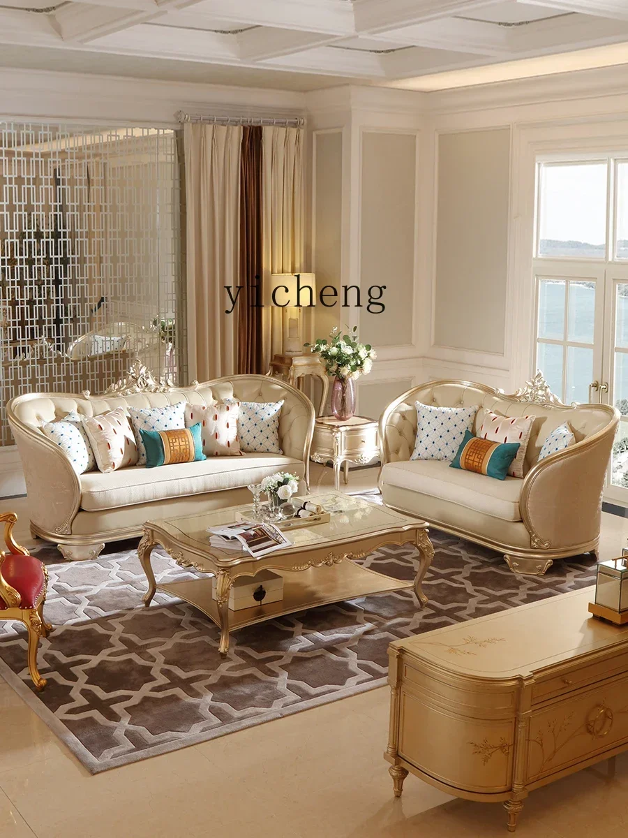 solid wood leather sofa palace carved villa large flat living room sofa group