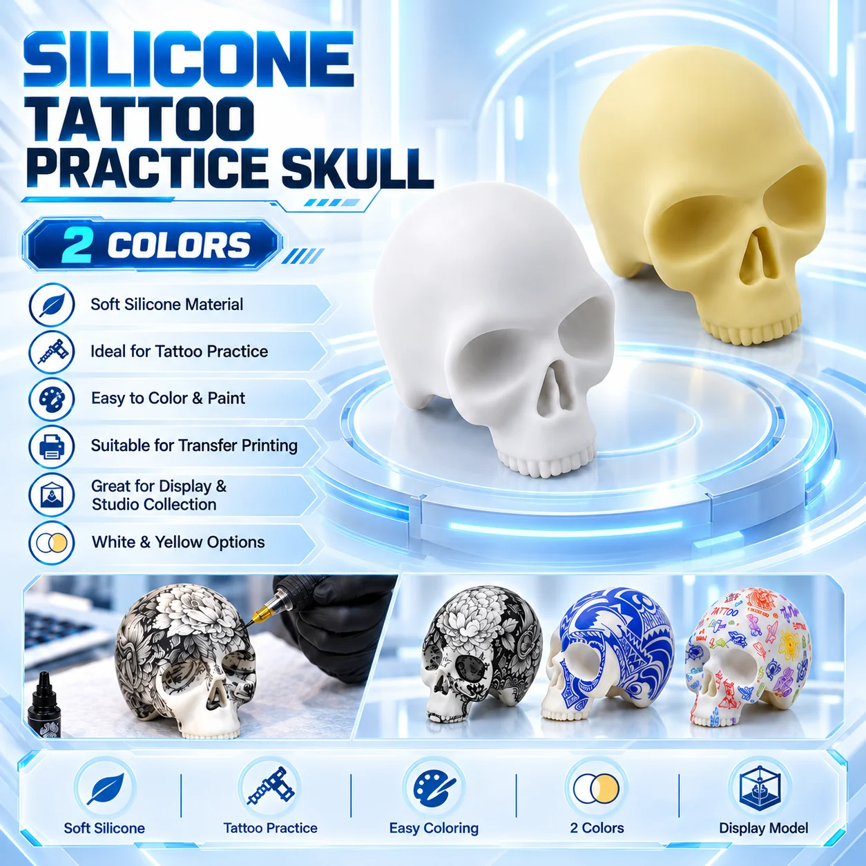 Audersigt Silicone Tattoo Practice Skull Model Fake Skin Training Tool for Tattoo Artists PMU Makeup Supplies