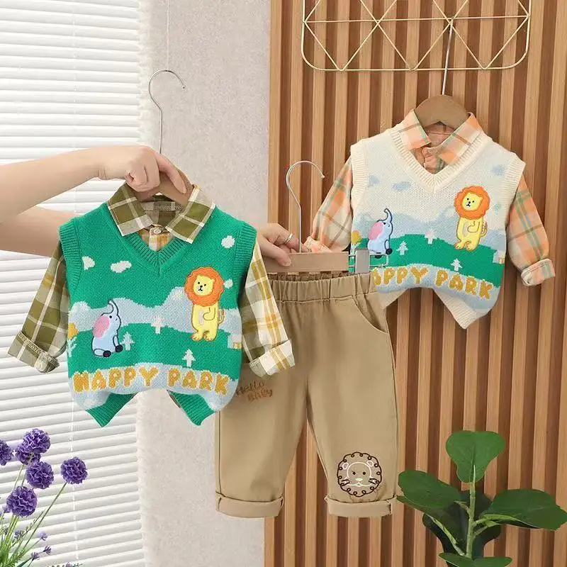 

Sweater Vest Solid Shirts Pants 3Pcs/sets Pocket Children Toddler Tracksuits