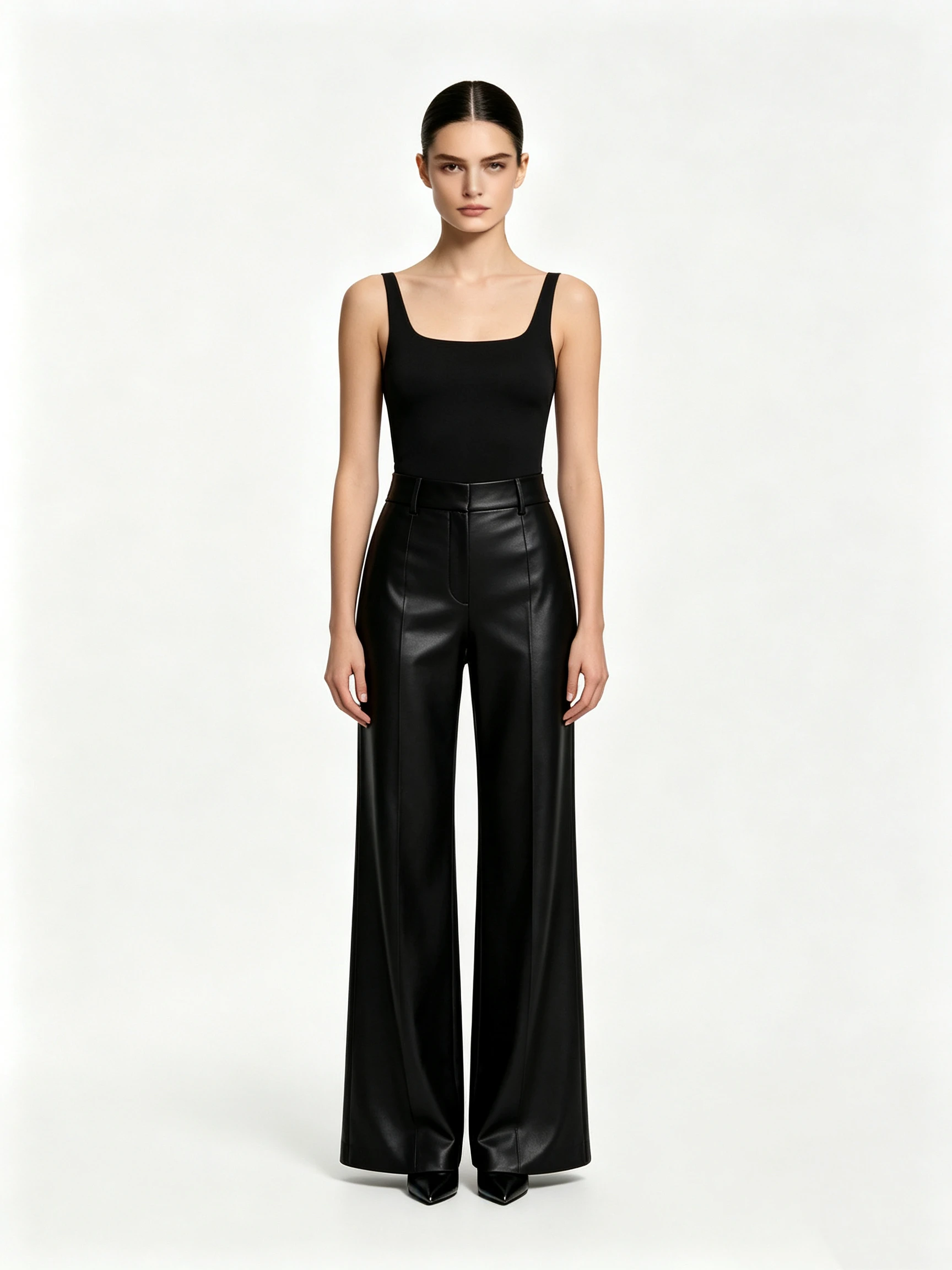 Women's High-Waisted Faux Leather Wide-Leg Trousers with Belted Waist