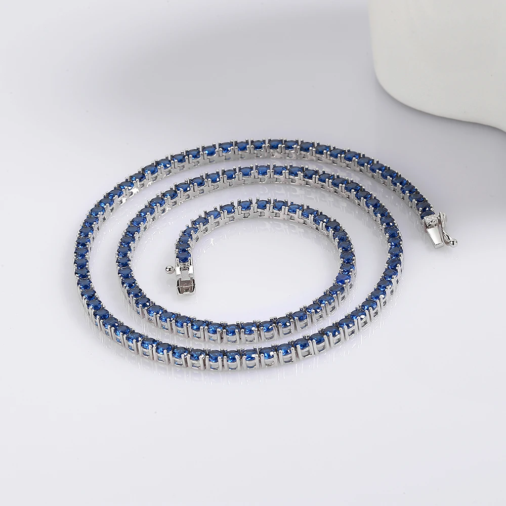 16-24 Inch (41-60cm) Real 925 Sterling Silver Tennis Chain Necklace 3mm Montana Blue Sapphire Zircon Fine Jewelry Choker
