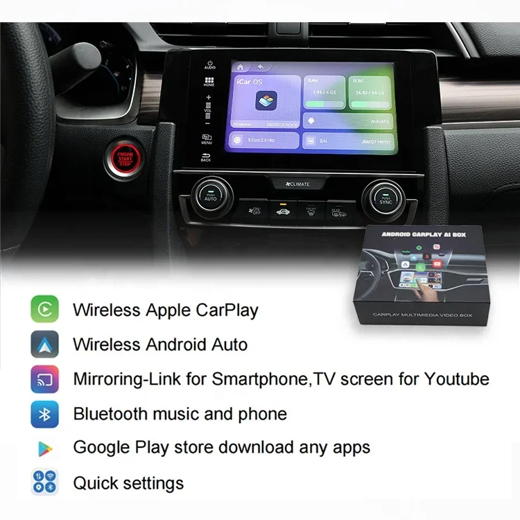 نظام مفتوح جديد 8 CORE sim صندوق تلفزيون أندرويد للسيارة اللاسلكية carplay ai box 4g 64gb صندوق ذكي للسيارة