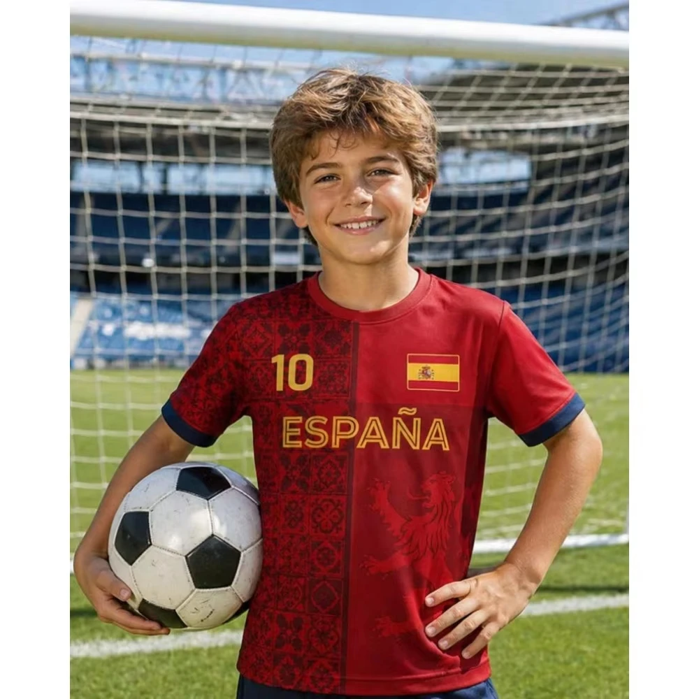 Spain National Team Pattern Soccer Jersey For Kids Boys Girls Quick Dry Breathable Match Training Fan Sports Short Sleeve Tops