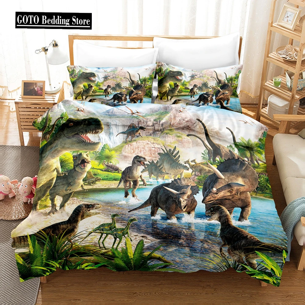 Jurassic Age Dinosaur Bedding Set for Kids, Duvet Cover, Pillow Shams, Microfiber Fabric, Boys Bedroom Decoration, T-Rex Raptors